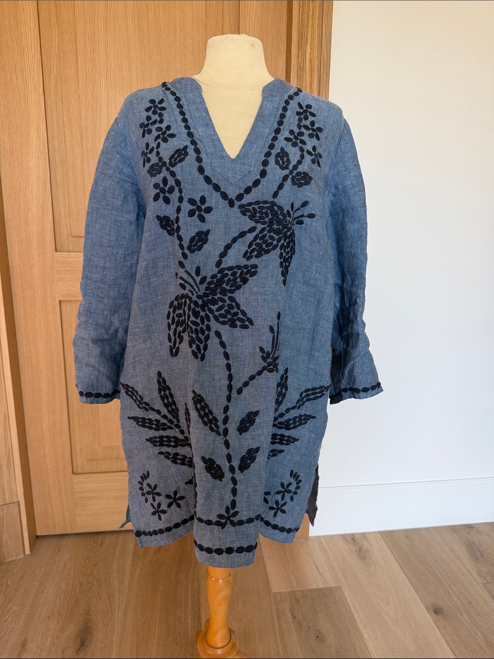 Charter Club Blue Linen Top/tunic  with Black Embroidery